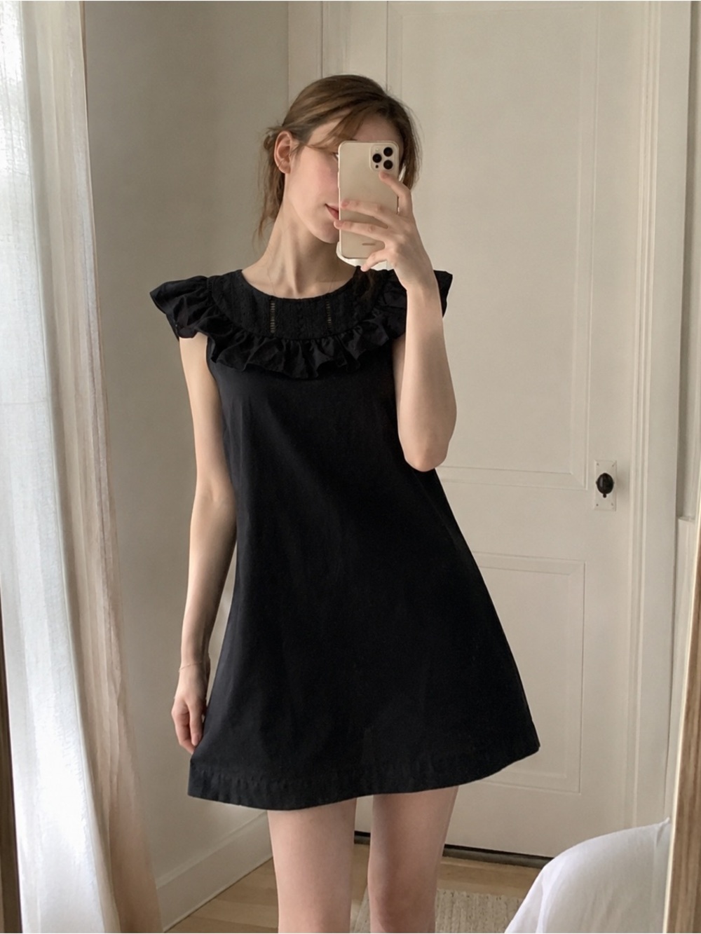 J.Crew Black Cotton Ruffle Neck Shift Dress Size 4